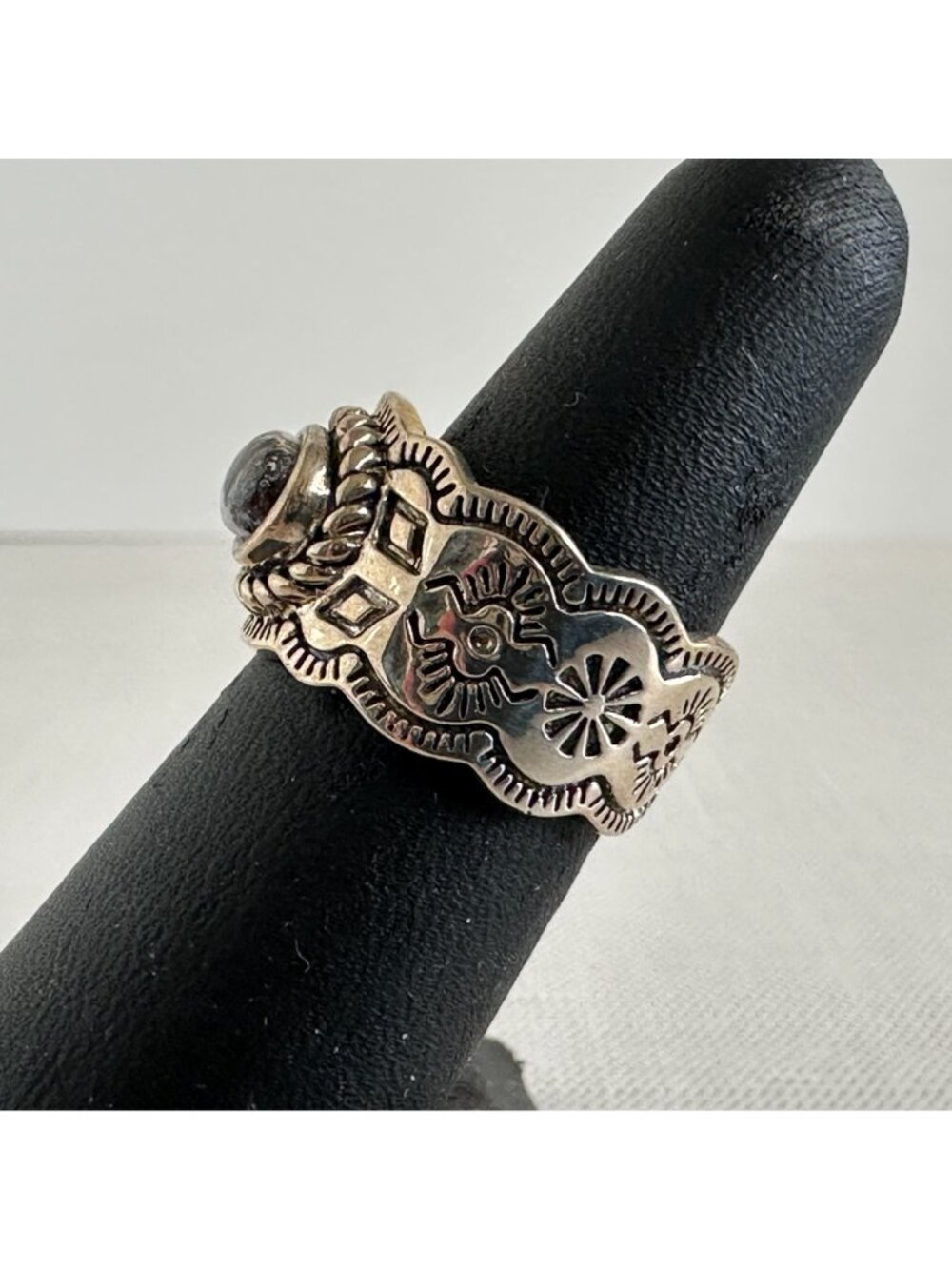 Southwestern Style Sterling Silver White Buffalo Stone Stamped Band Ring - Picture 2 of 6